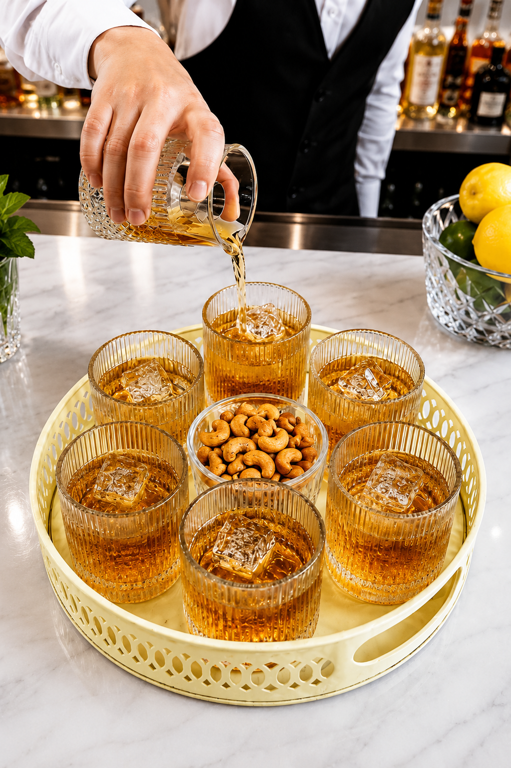 Premium Dancing Glass Serving Set with Round Metal Tray | 6 Self-Balancing Rocking Glasses & 1 Crystal Snack Bowl | Beverage Serving Set for Whisky, Cocktails, Juice, Tea & Home Entertaining