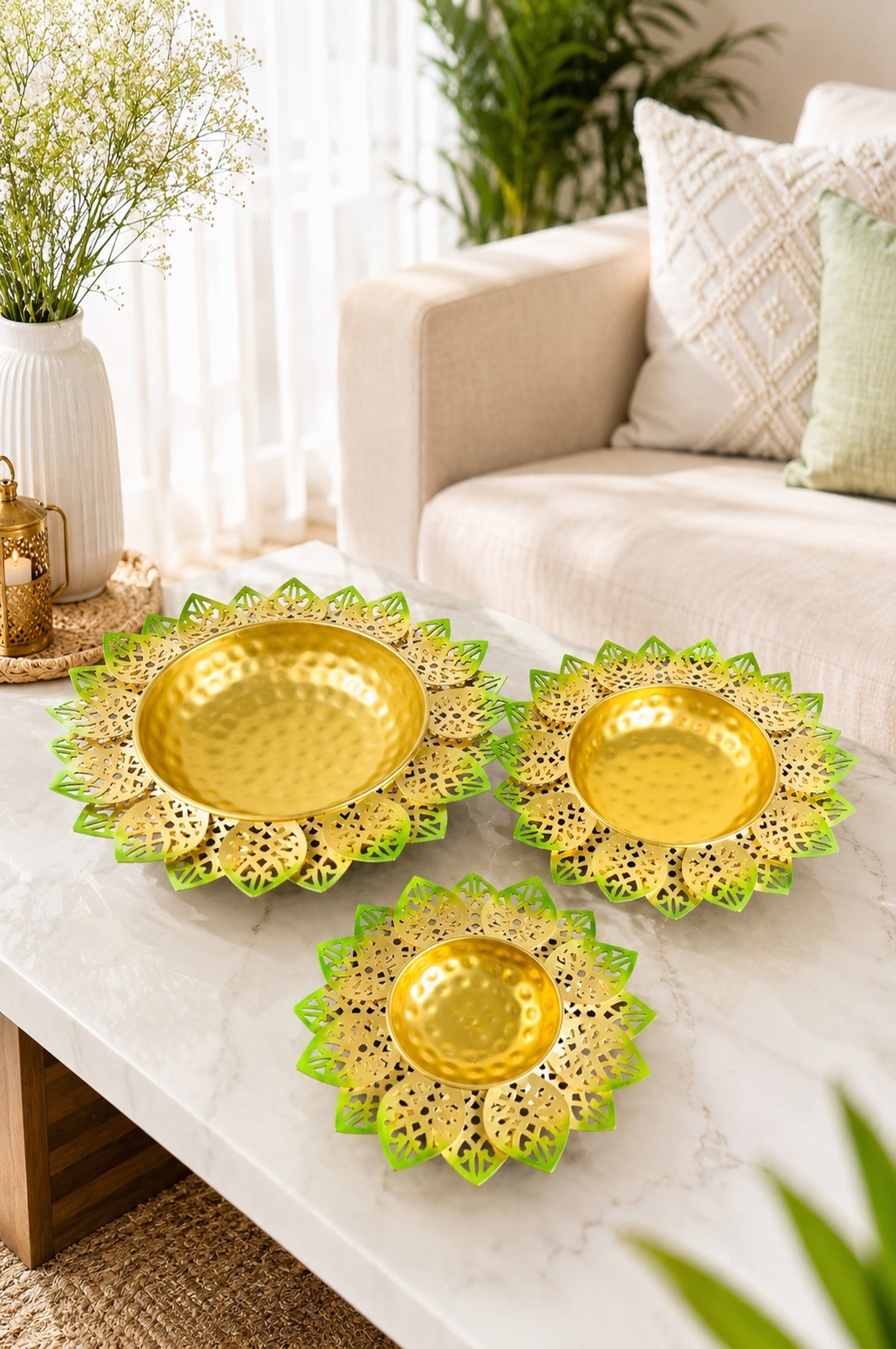 Decorative Lotus Metal Urli Bowl Set for Floating Flowers & Candles | Designer Festival & Home Decor (Set of 3, Green & Gold)