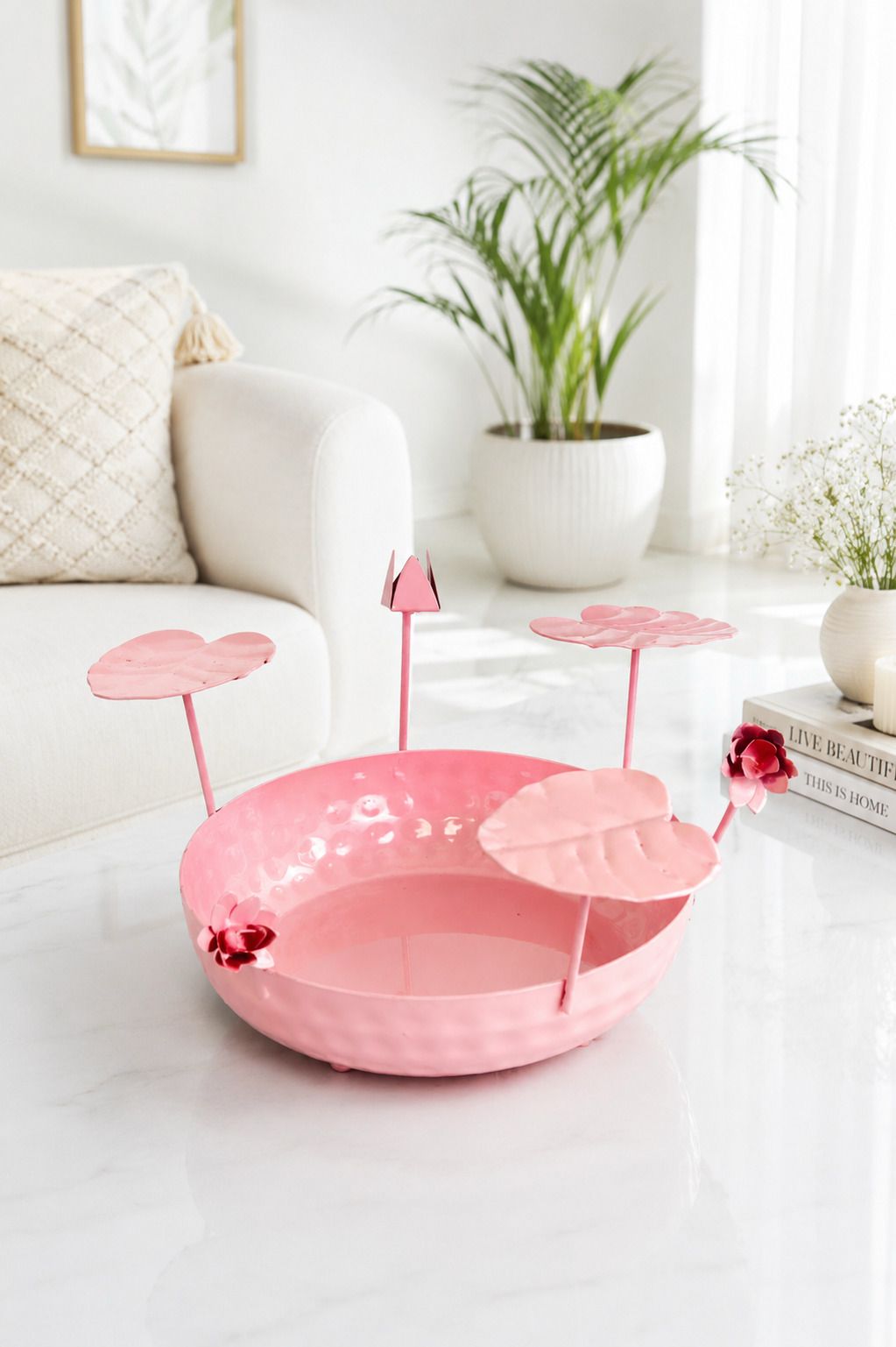 Galvanized Metal Urli Bowl for Floating Flowers & Candles | Decorative Urli with Lotus Stems for Home & Festival Decor (Pink)