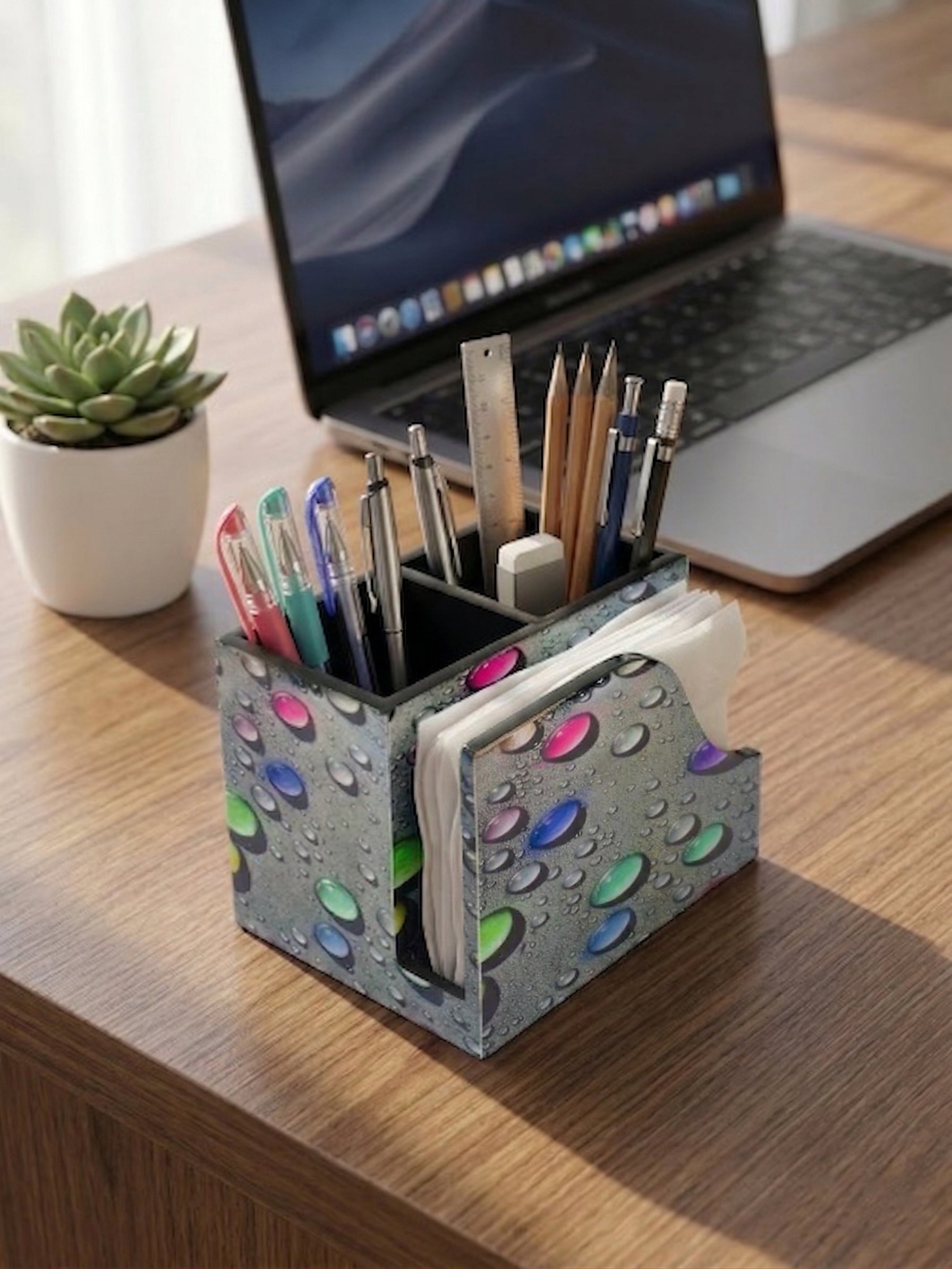 Premium MDF Cutlery & Napkin Holder | Designer Bubble Printed Wooden Organizer with Dual Compartments | Spoon, Fork, Knife & Tissue Stand for Dining Table, Kitchen & Home Décor