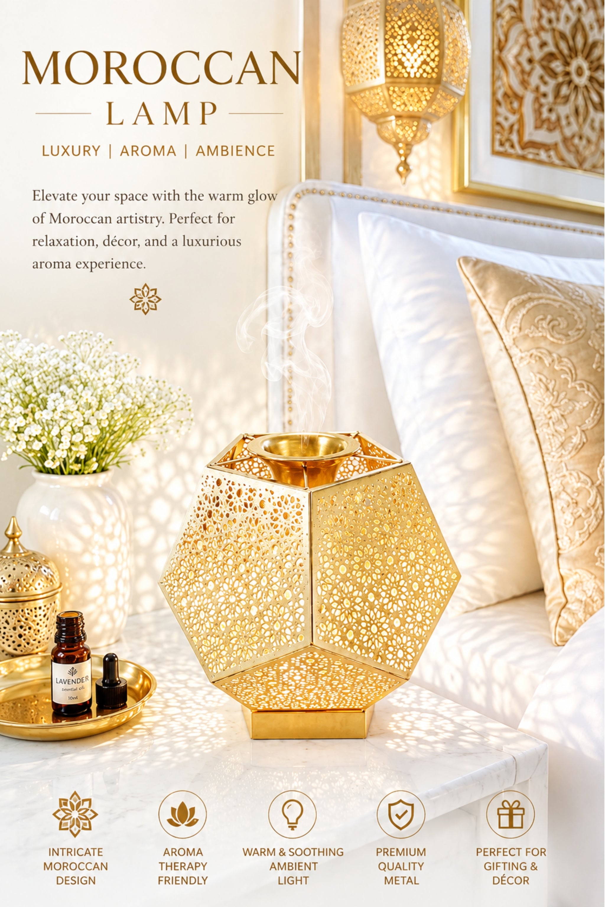 Golden Metal Electric Aroma Diffuser Lamp with Laser Cut Shadow Design | Essential Oil Burner with Warm Light for Home Décor, Bedroom, Spa, Diwali Gifting & Relaxation