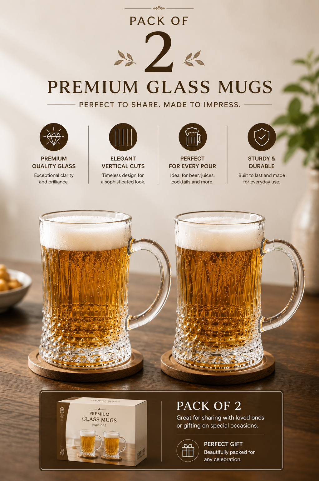 Premium Beer Mug Set with Decorative MDF Serving Tray | 2 Crystal Clear Glass Beer Mugs with Marble Finish Tray | Heavy Handle Beer Glasses for Beer, Juice, Soft Drinks & Home Bar Gift Set