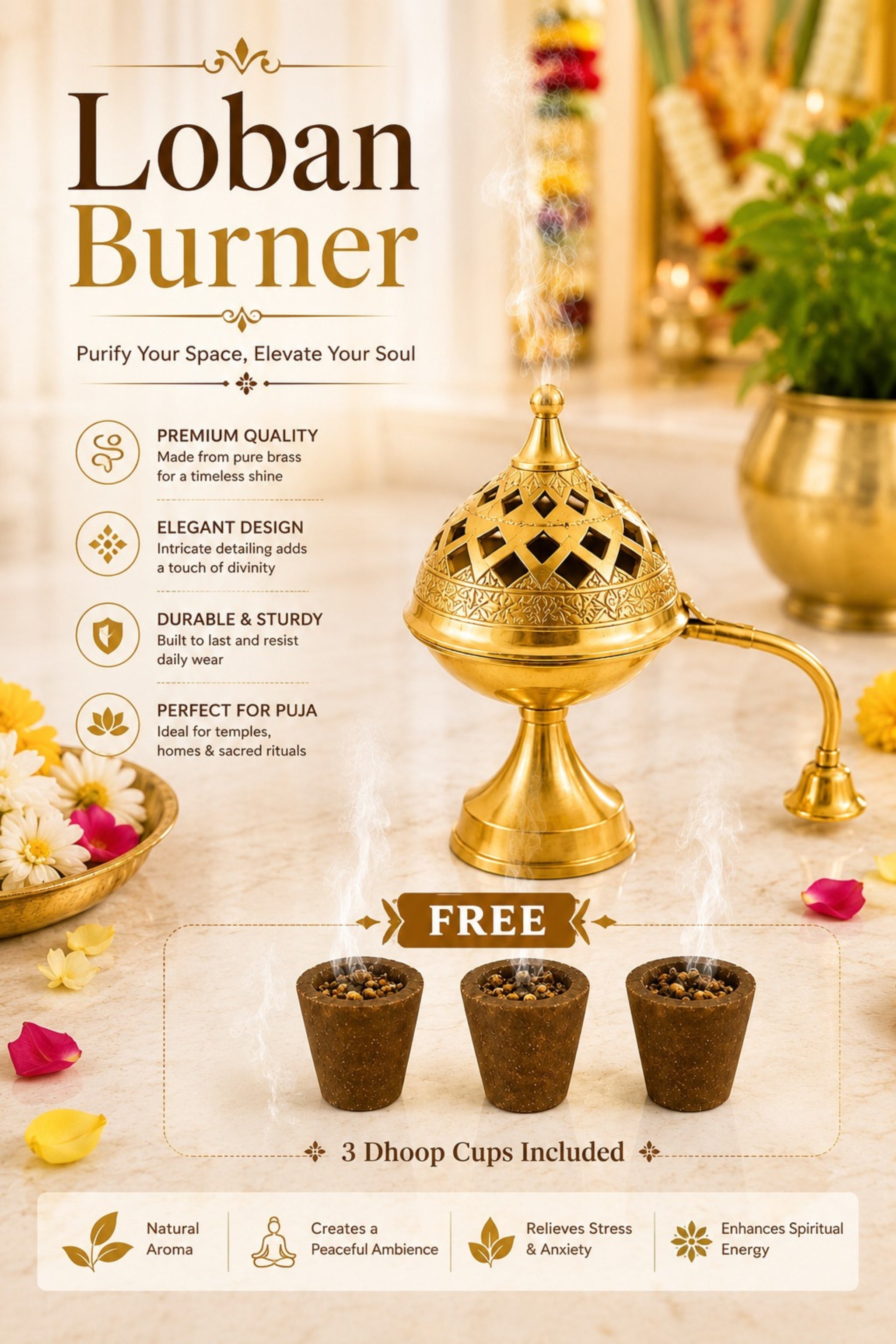 Premium Brass Loban Burner with Handle | Handcrafted Brass Dhoop Dani for Loban, Sambrani Cups, Bakhoor, Resin Incense & Dhoop | Hinged Lid Pooja Incense Burner for Home Temple, Meditation & Gifting
