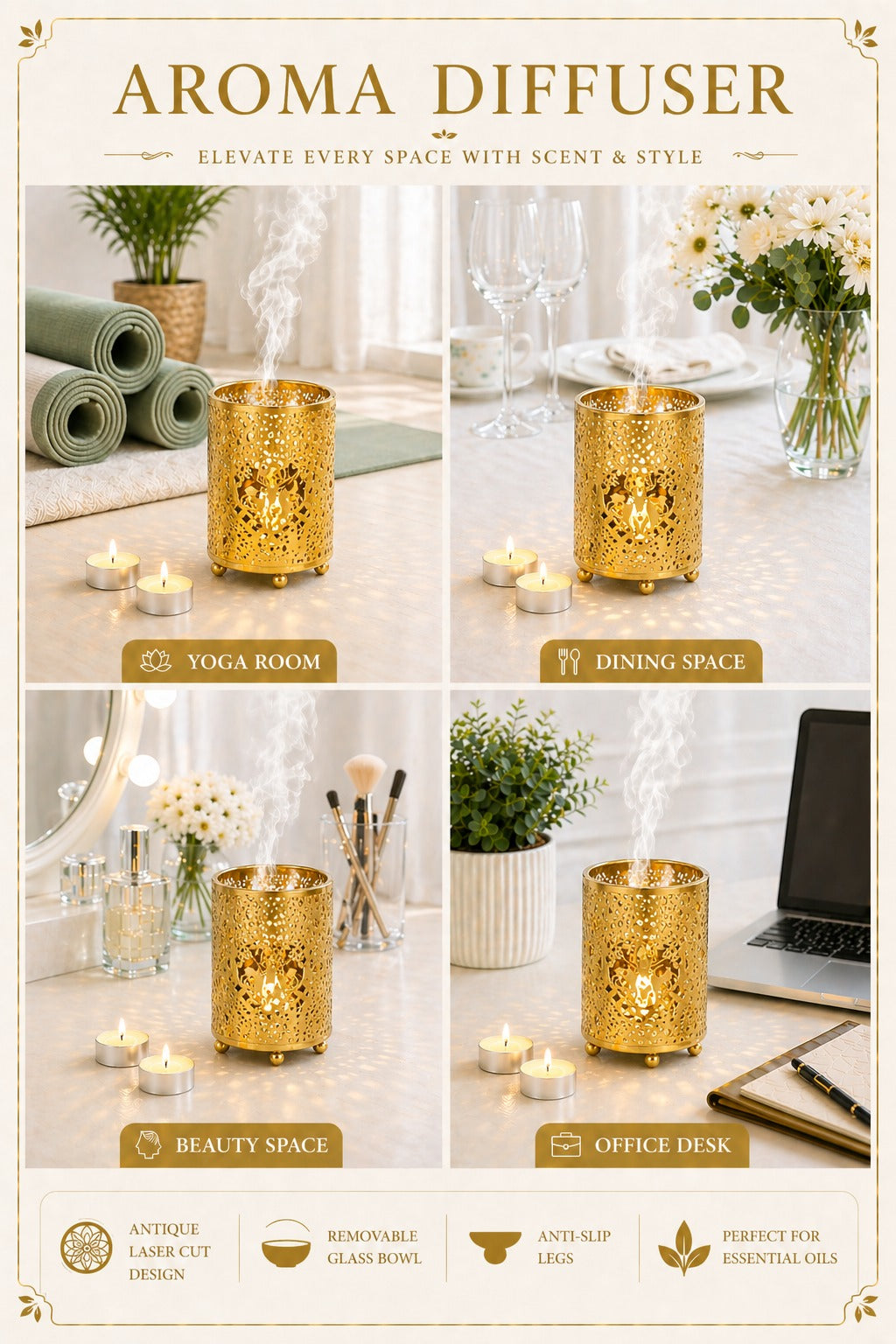 Premium Gold Metal Aroma Oil Burner Set with Tea Light Candles & Essential Oil | Designer Cutwork Candle Diffuser | Warm Ambient Fragrance Burner | Elegant Home Décor & Gifting Combo