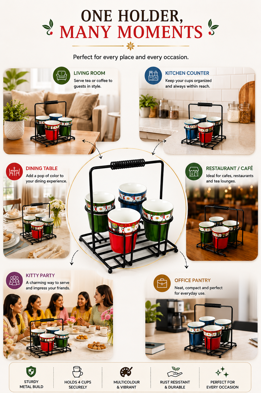 Printed Tea Glass Set Of 4 With Metal Stand | Designer Cutting Chai Cups With Iron Holder | Multicolor Ceramic Tea Cup Set For Home Kitchen & Gifting