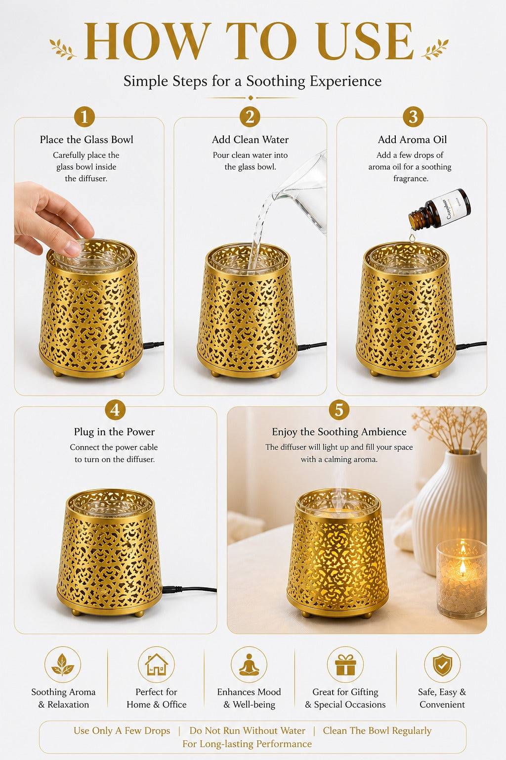 Gold Heart Cutwork Electric Aroma Diffuser Lamp With Dome Design | Essential Oil Burner For Home, Bedroom & Living Room | Includes Free Glass Bowl, 10ml Aroma Oil & 2 Electric Bulbs