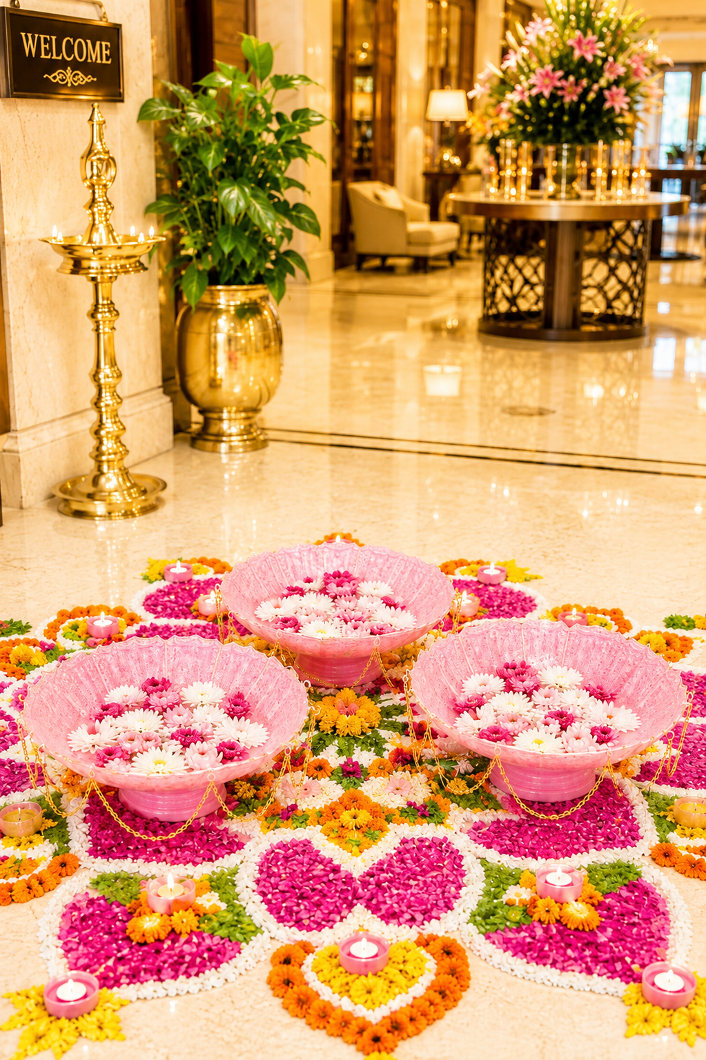 Premium Pink Lotus Urli Bowl Set of 3 with Decorative Chain | Handcrafted Metal Floating Flower Bowls for Water, Candles & Tea Lights | Decorative Urli for Diwali, Wedding, Pooja & Home Décor