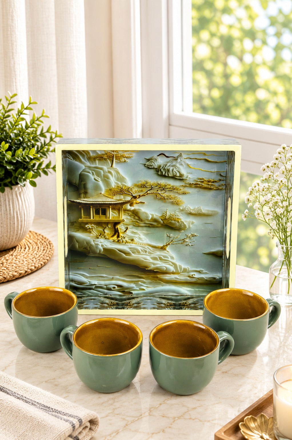 Set of 4 Ceramic Tea & Coffee Cups with Designer Serving Tray | Sage Green Coffee Mug Set | Premium Ceramic Cups for Home Kitchen & Gifting