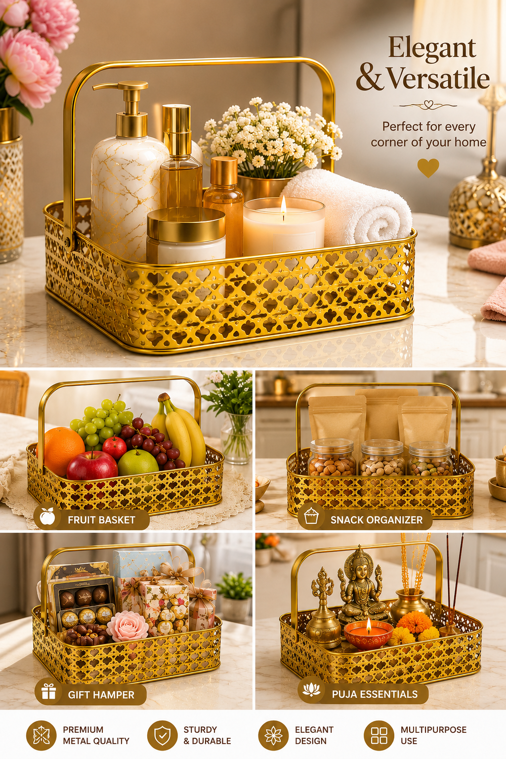 Premium Golden Metal Gift Basket with Handle | Large Decorative Storage Basket | Multipurpose Fruit Basket, Dry Fruit Hamper, Pooja Basket & Home Organizer