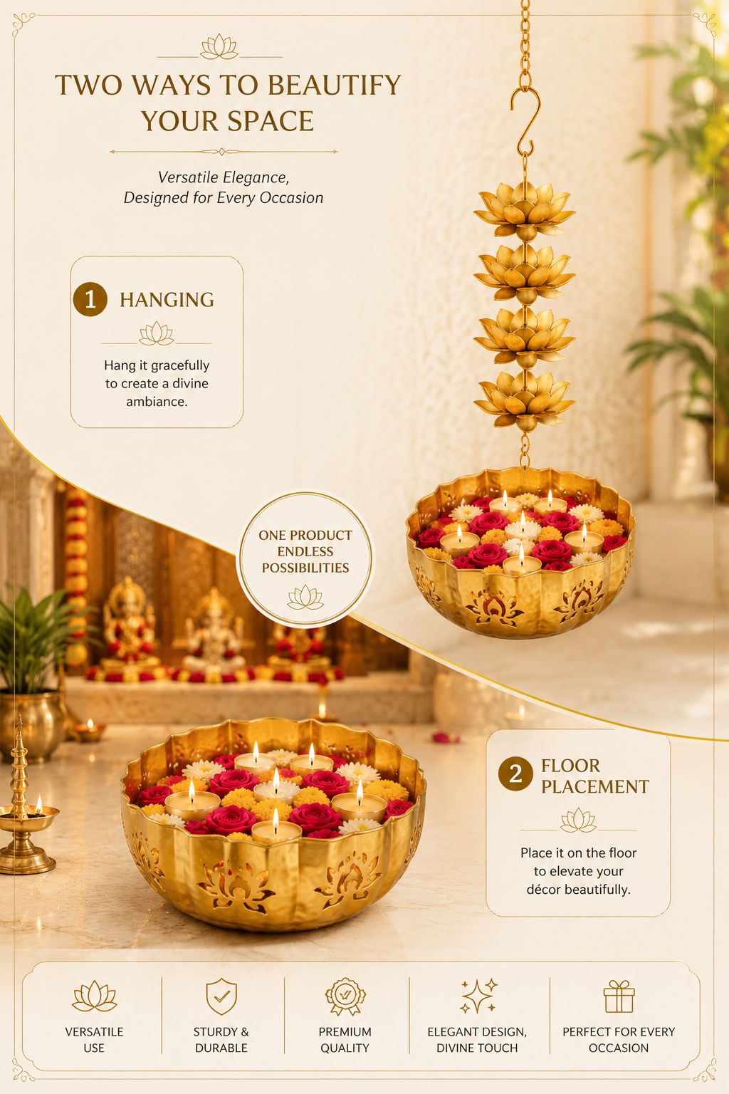 Premium Hanging Lotus Urli Bowl | Decorative Metal Hanging Flower Urli for Floating Flowers, Water & Candles | Traditional Hanging Urli for Diwali, Pooja, Wedding & Home Decoration