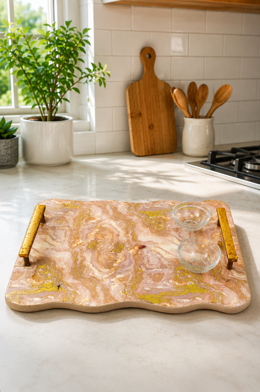 Premium Marble Design MDF Serving Tray with 2 Glass Bowls & Gold Handles | Decorative Multipurpose Serving Platter | Luxury Tea, Coffee, Snacks & Dry Fruit Serving Tray
