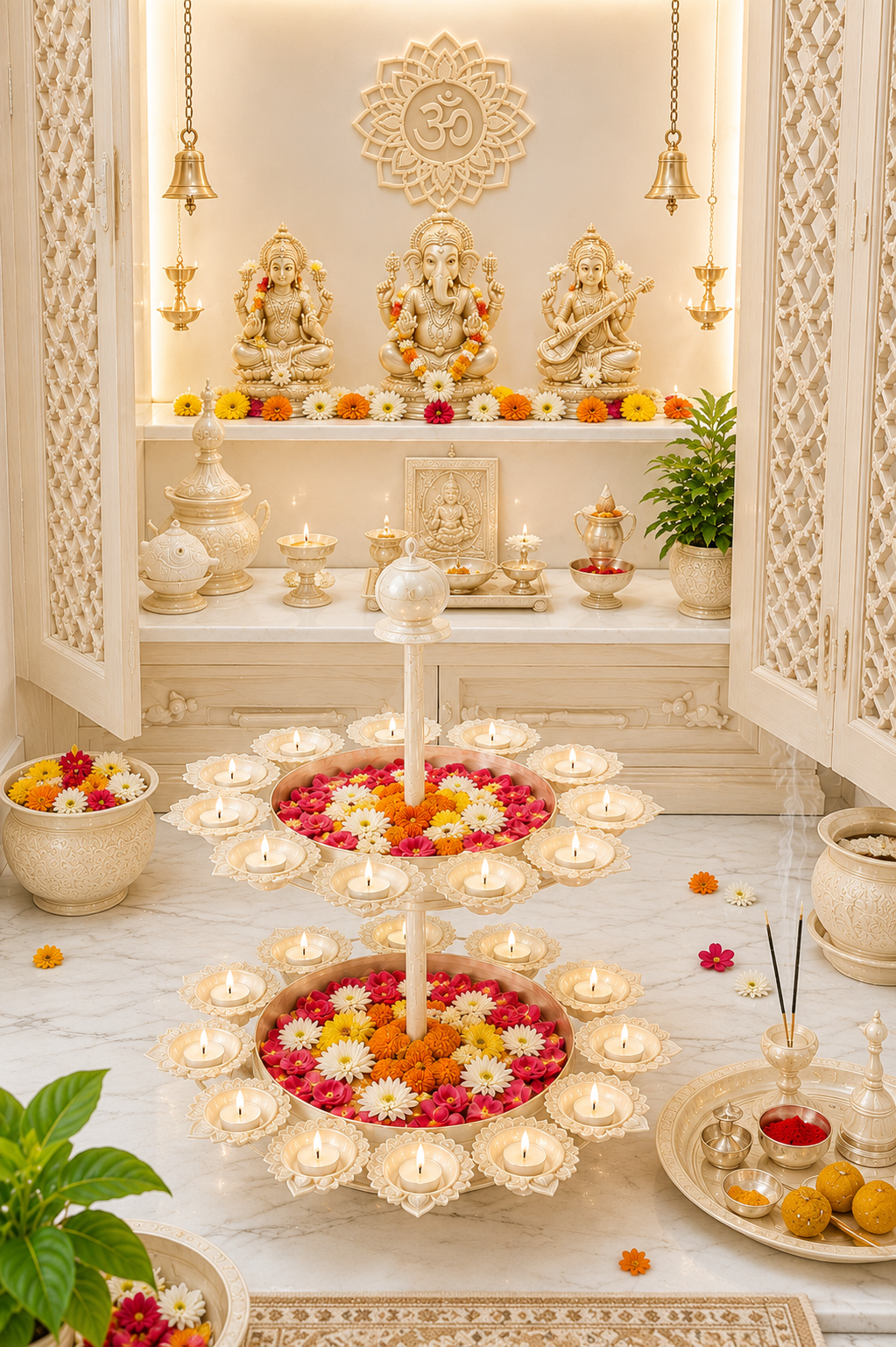 Premium Dual Layer Urli Bowl with 24 Tea Light Holders | Decorative Metal Floating Flower Stand | Antique Gold & Ivory Finish for Diwali, Pooja, Weddings, Festivals & Home Décor