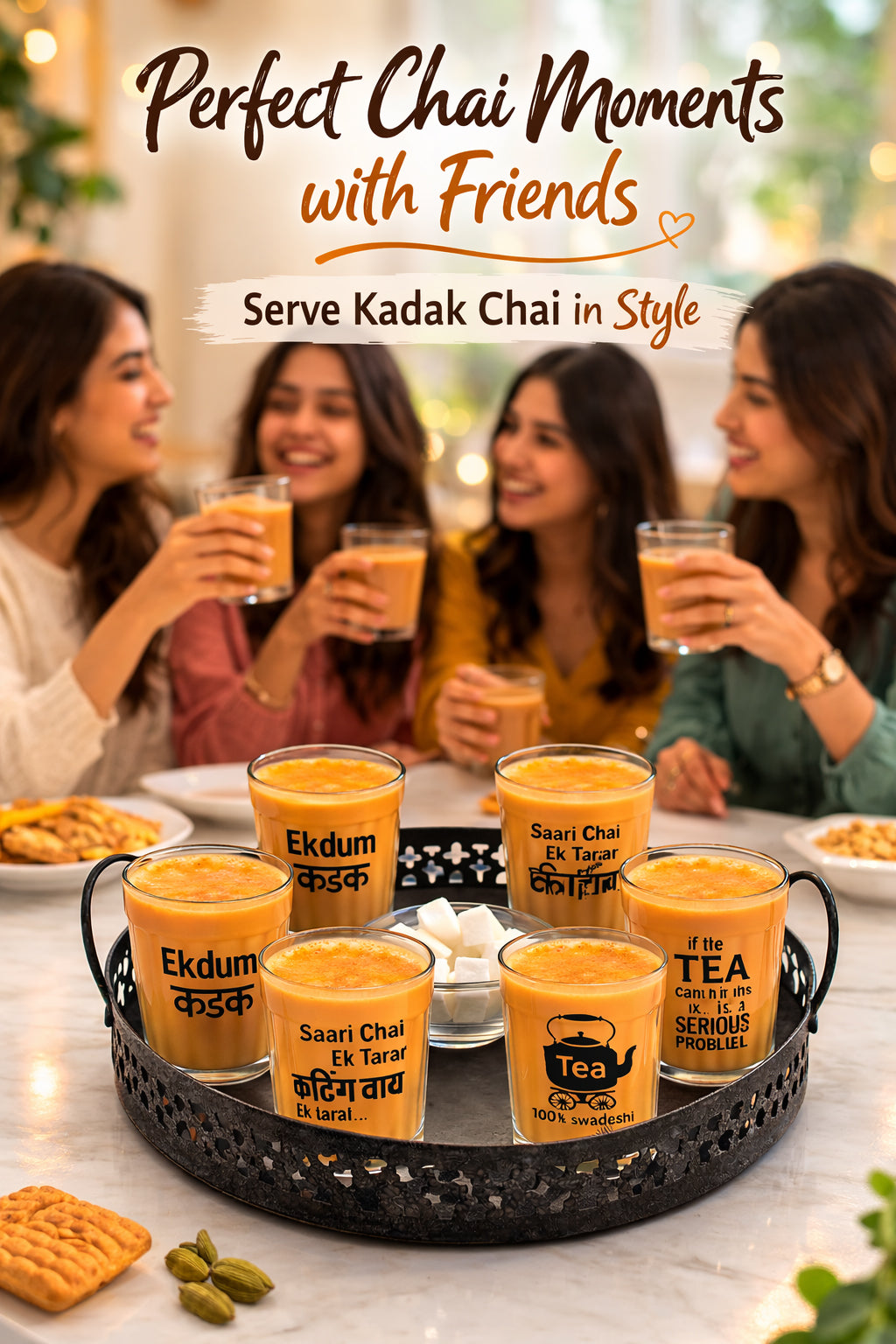 Premium Printed Cutting Chai Glass Set of 6 with Metal Tray & Snack Bowl | Designer Tea Glasses with Iron Serving Stand | Tapri Style Tea Coffee Set for Home, Café & Kitchen Use