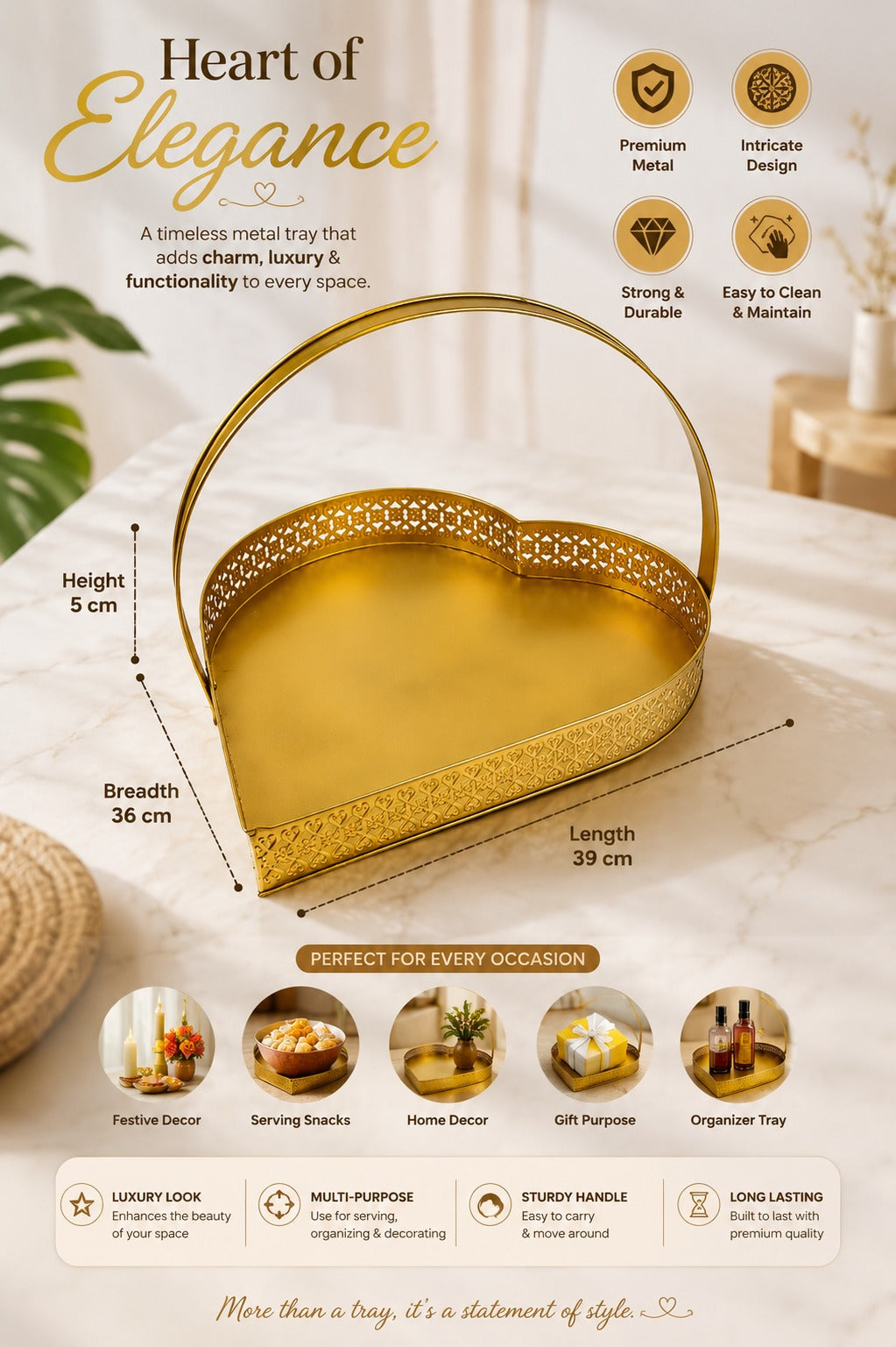 Premium Extra Large Heart-Shaped Metal Gift Hamper Basket with Handle | Decorative Gold Serving Tray for Dry Fruits, Chocolates, Gifts & Festive Hampers | Luxury Organizer for Home Décor, Weddings & Diwali