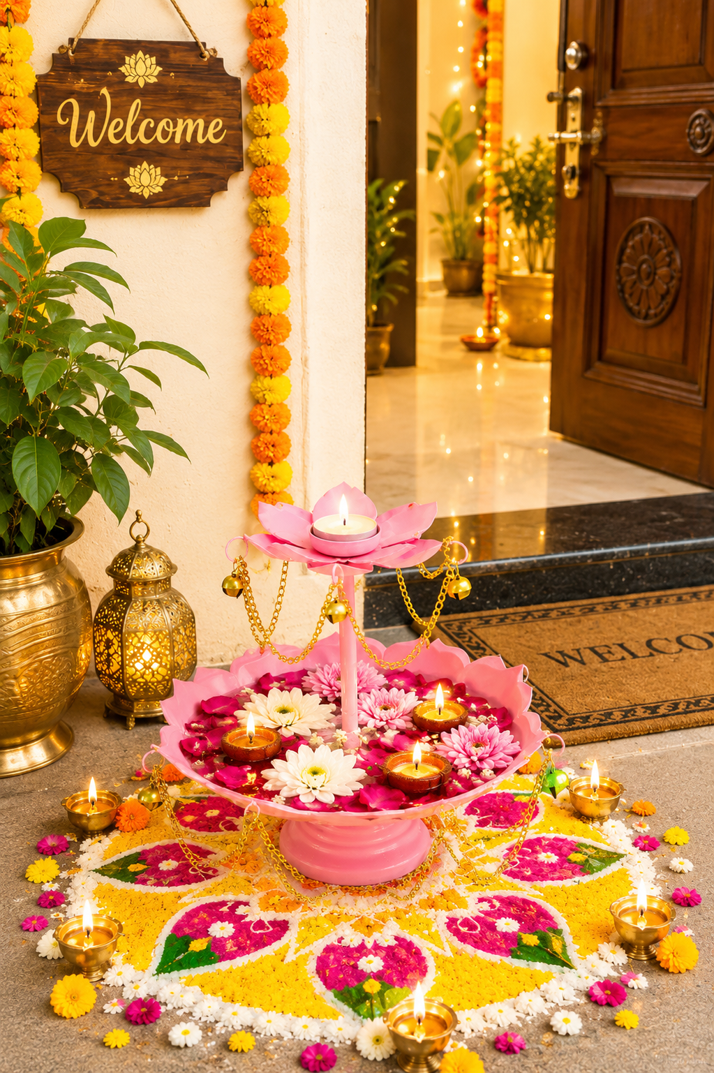 Pink Metal Urli Bowl with Diya Stand & Hanging Chain Design for Floating Flowers & Candles | Decorative Centerpiece for Diwali, Wedding, Home Décor & Festive Gifting