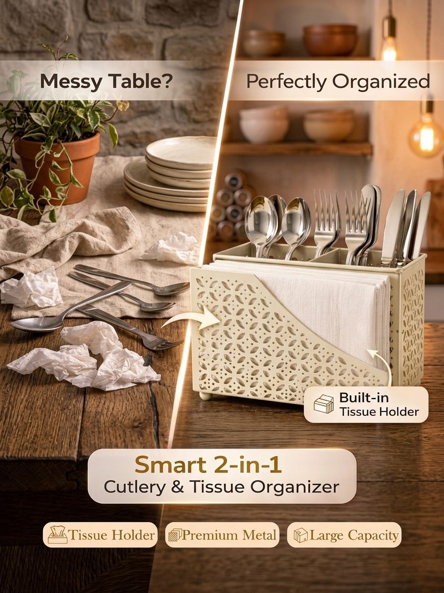 Premium 2-in-1 Cutlery & Napkin Holder | Elegant Cream Metal Organizer with Laser Cut Floral Design | Tabletop Storage for Spoons, Forks, Knives & Tissue | Kitchen & Dining Decor