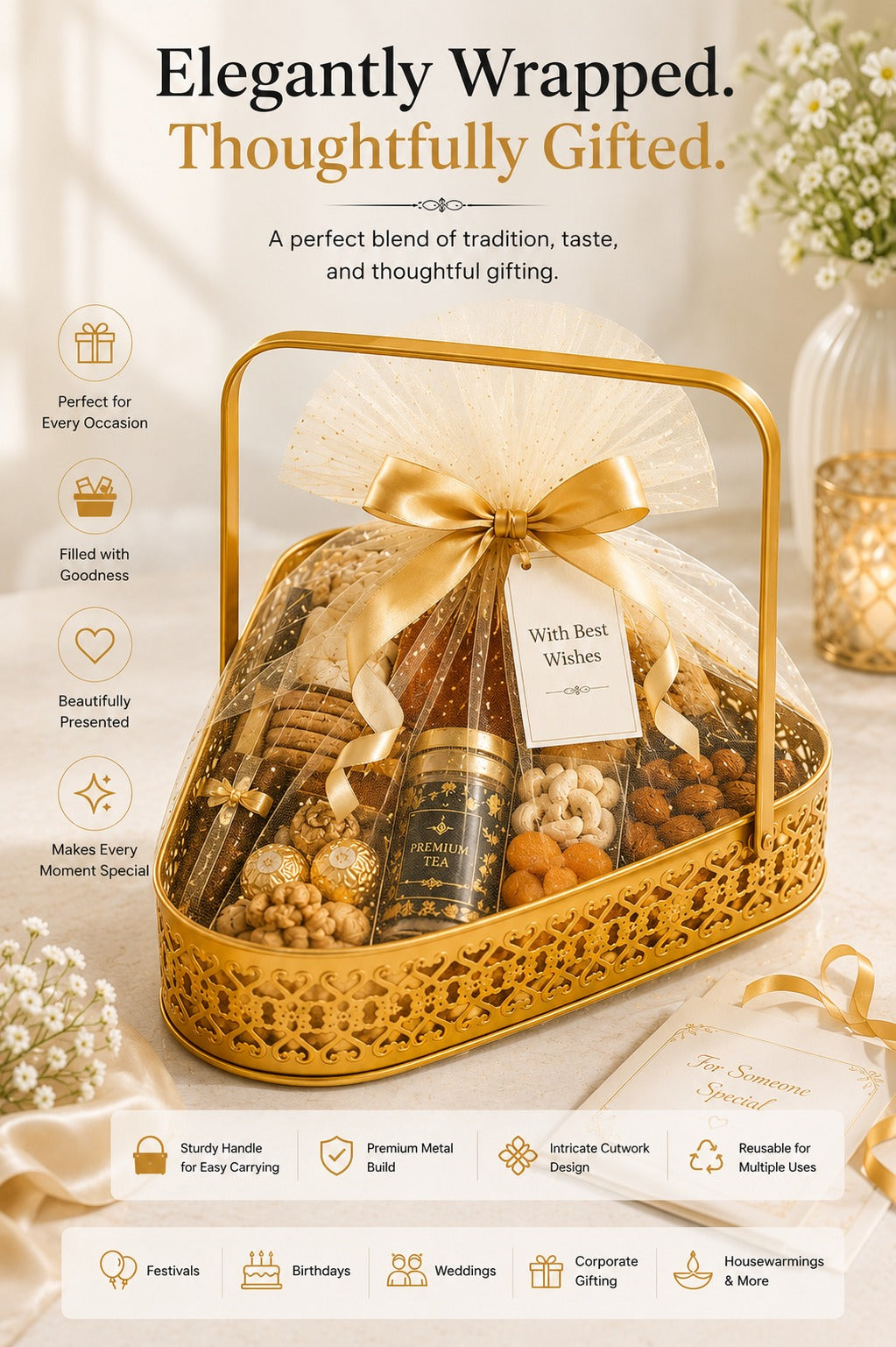 Premium Triangle Metal Basket with Handle (Large) | Decorative Gold Serving Basket | Gift Hamper Basket | Dry Fruit, Snacks & Organizer Tray | Metal Storage Basket for Home Décor