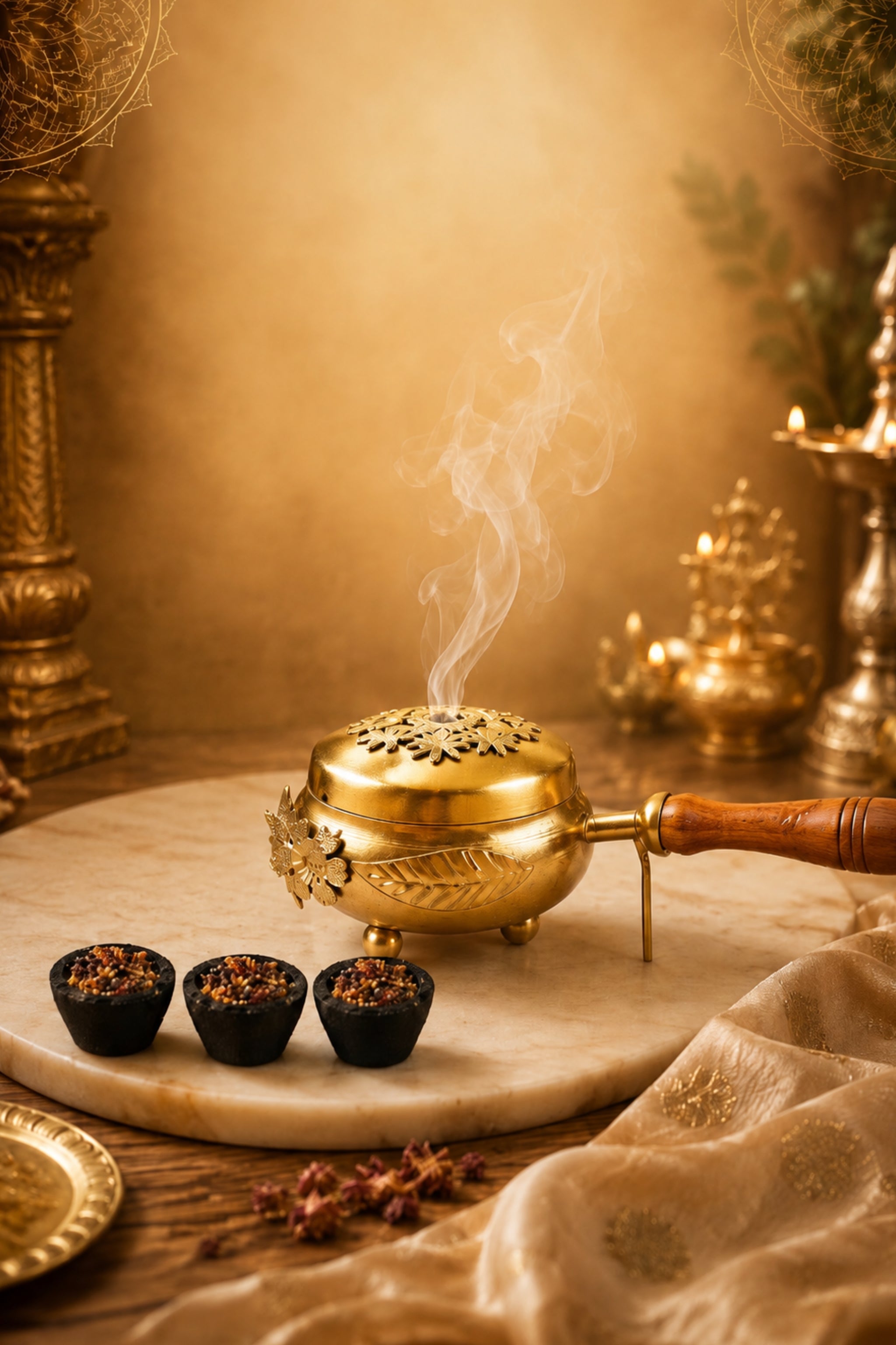 Brass Loban Incense Burner with Wooden Handle | Floral Design Dhoop Dani Dhuni Sambrani Bakhoor Burner | Handheld Incense Holder