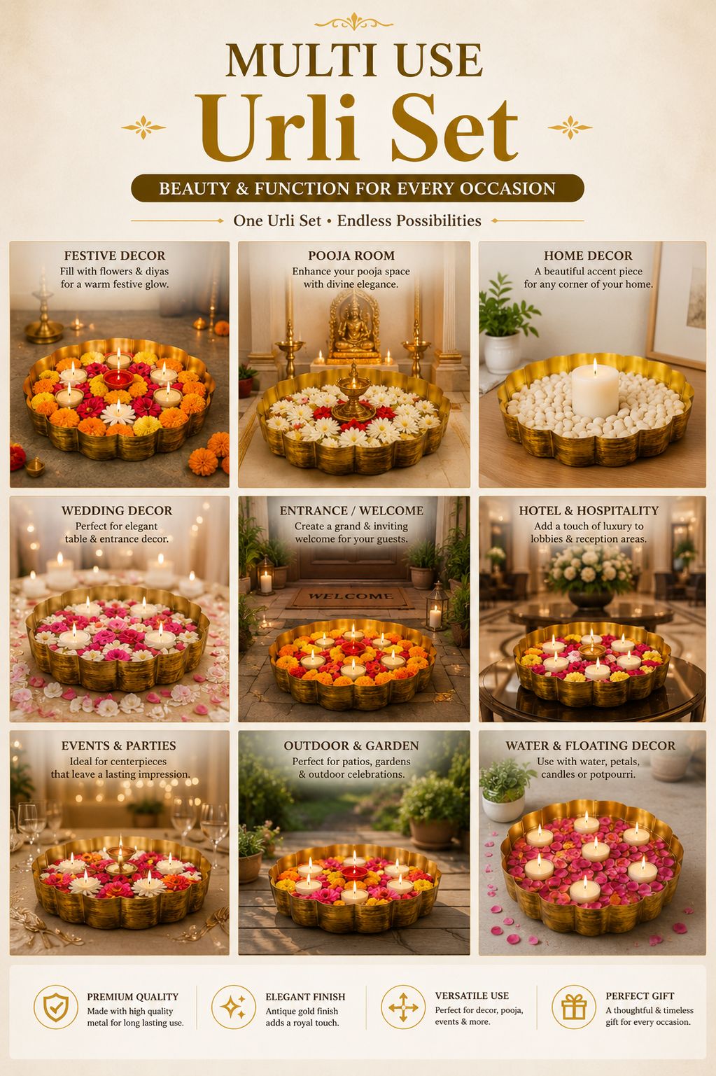 Premium Decorative Urli Bowl Set of 3 | Embossed Hammered Metal Floating Flower Bowls | Antique Gold Finish for Diyas, Candles, Pooja, Diwali, Weddings, Festivals & Home Décor