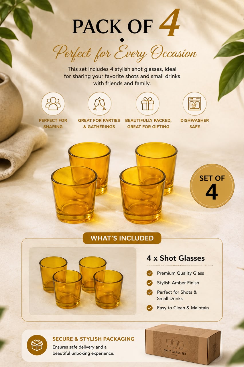 Shot Glass Set Of 4 With Metal Stand | Amber Glass Mini Shot Cups With Round Iron Holder | Dhaba Style Serving Set For Vodka Tequila Whiskey