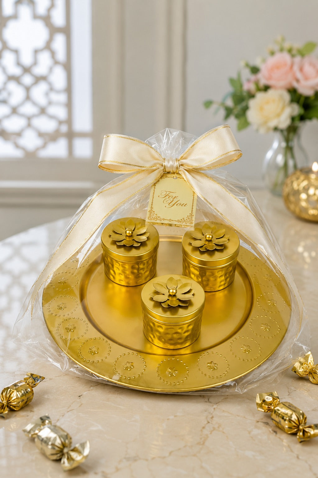 Premium Metal Dry Fruit Serving Tray Set with 3 Floral Containers | Decorative Round Platter for Dry Fruits, Sweets, Chocolates & Mukhwas | Luxury Festive Gift Hamper Tray for Diwali, Weddings & Home Décor