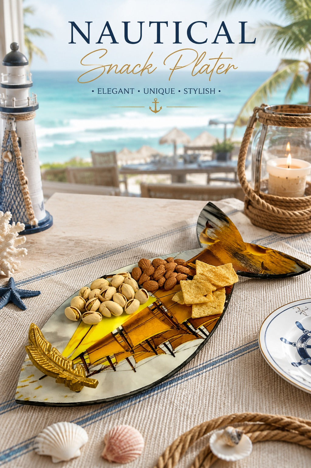 Premium Fish Shape MDF Serving Platter with Glass Dip Bowl & Gold Leaf Handle | Decorative Multipurpose Snack Serving Tray | Designer Fish Serving Board for Appetizers, Seafood & Gifting