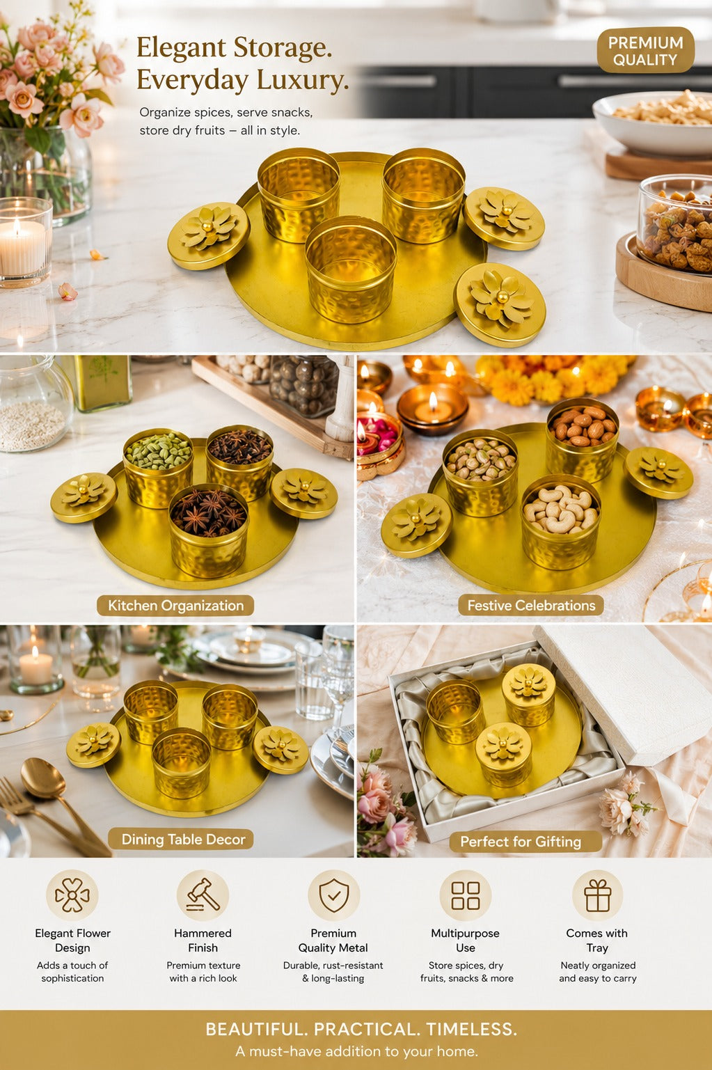 Premium 3 Piece Metal Storage Container Set with Round Serving Tray | Gold Dry Fruit, Mukhwas & Spice Container Set | Decorative Kitchen Organizer for Home, Dining & Gifting