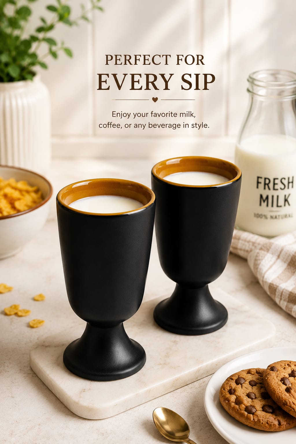 Set of 2 Modern Ceramic Goblet Glasses 250 ml | Matte Black Stemmed Drinking Cups with Glossy Brown Interior | Premium Ceramic Cups for Coffee Tea Milk Hot Chocolate Juice & Cold Beverages