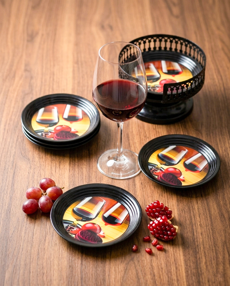 Resin Coated Metal Coaster Set of 6 with Stand | Wine Theme Black Tea Coffee Coasters | Waterproof Heat Resistant Table Coasters