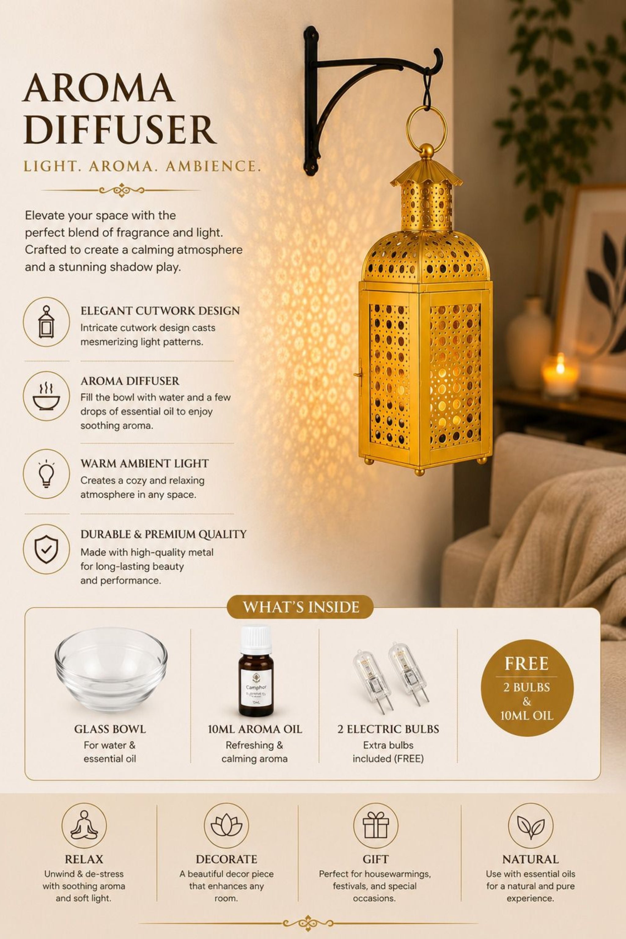 Premium Lantern Style Metal Aroma Diffuser Lamp with Essential Oil | Elegant Cutwork Electric Burner | Warm Ambient Light Aromatherapy Diffuser | Decorative Fragrance Lamp for Home & Gifting