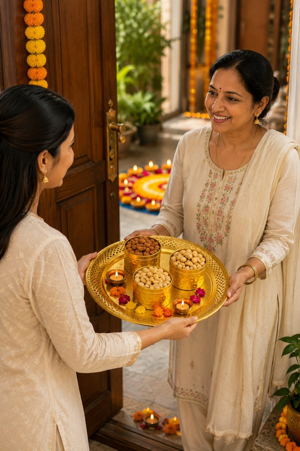 Premium Metal Dry Fruit Serving Tray Set with 3 Containers | Decorative Round Platter with Floral Lid Jars | Multipurpose Snack, Sweet, Mukhwas & Festive Serving Set for Home & Gifting