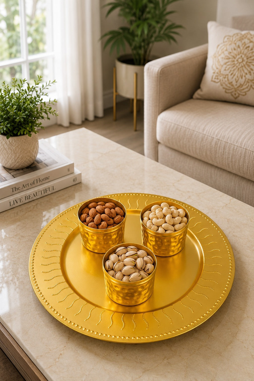 Premium All Metal Serving Tray Set with 3 Floral Containers | Decorative Dry Fruit, Sweet & Mukhwas Platter | Luxury Gold Pooja, Festive Gift Hamper & Home Décor Serving Set