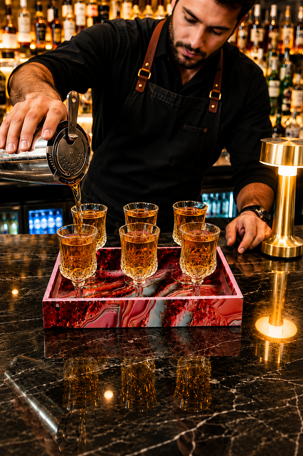 Premium Shot Glass Set Of 6 With MDF Resin Tray | Clear Designer Liqueur Glasses For Vodka, Whiskey, Tequila & Cocktails | Barware Set For Home & Parties