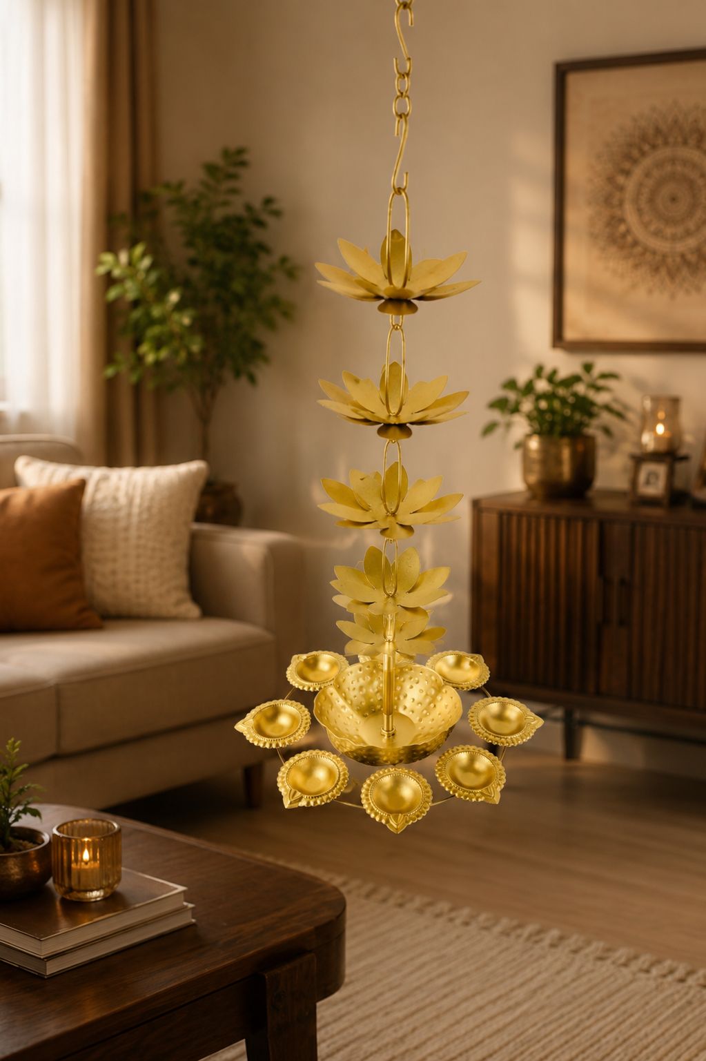 Premium Hanging Lotus Urli with 9 Diya Holders | Decorative Metal Hanging Urli for Floating Flowers, Candles & Water Décor | Traditional Hanging Diya Urli for Diwali, Pooja, Wedding & Home Decoration