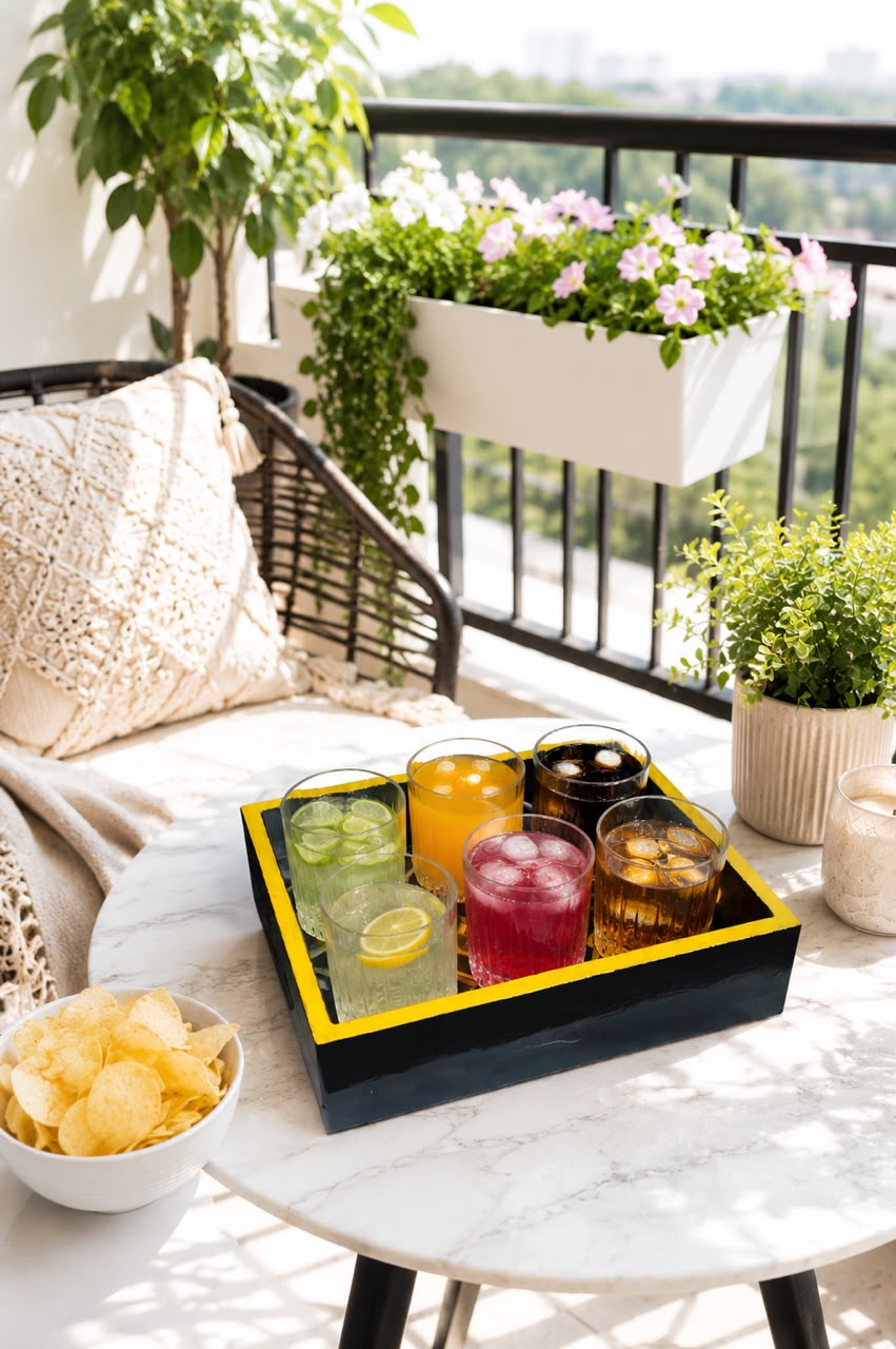 Premium Wooden Serving Tray with 6 Glasses Set | Black & Gold Serving Tray with Premium Glass Tumblers | Tea, Juice, Whisky, Water, Cocktail & Mocktail Serving Set | Home, Office, Party & Gift