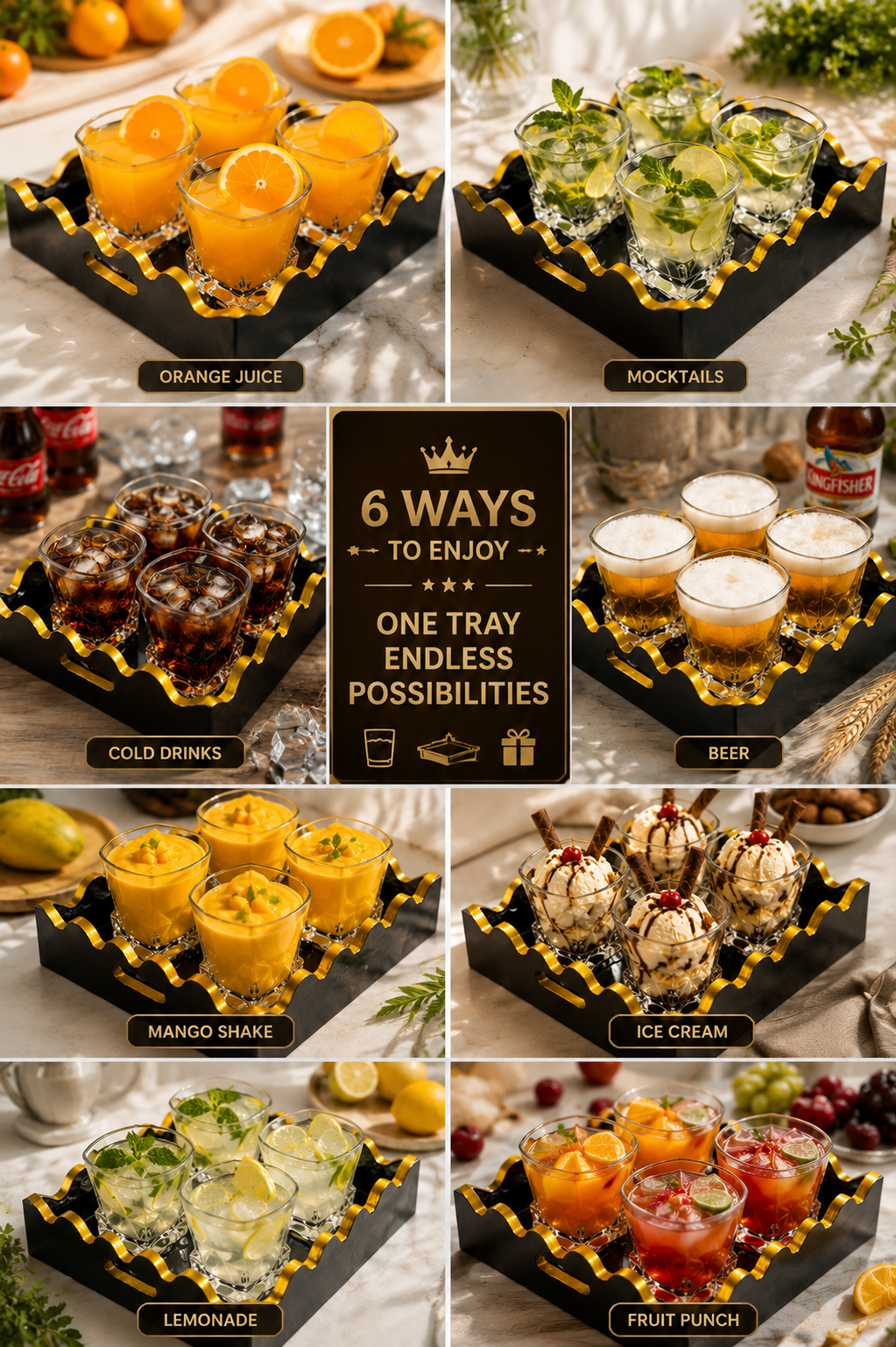 Premium Square Crystal Glass Set with Decorative MDF Serving Tray | 4 Heavy Base Drinking Glasses with Luxury Black & Gold Tray | Whisky, Juice, Water, Cocktails & Gift Set for Home Bar