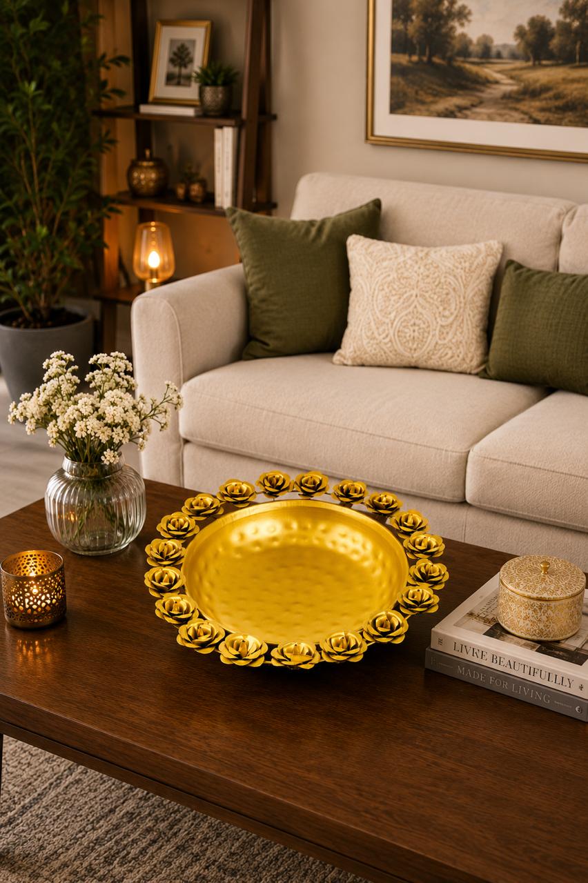 Premium Metal Urli Bowl with Rose Diya Holders | Decorative Floating Flower Urli for Water, Candles & Tea Lights | Traditional Pooja Urli for Diwali, Home Décor, Wedding & Festive Decoration