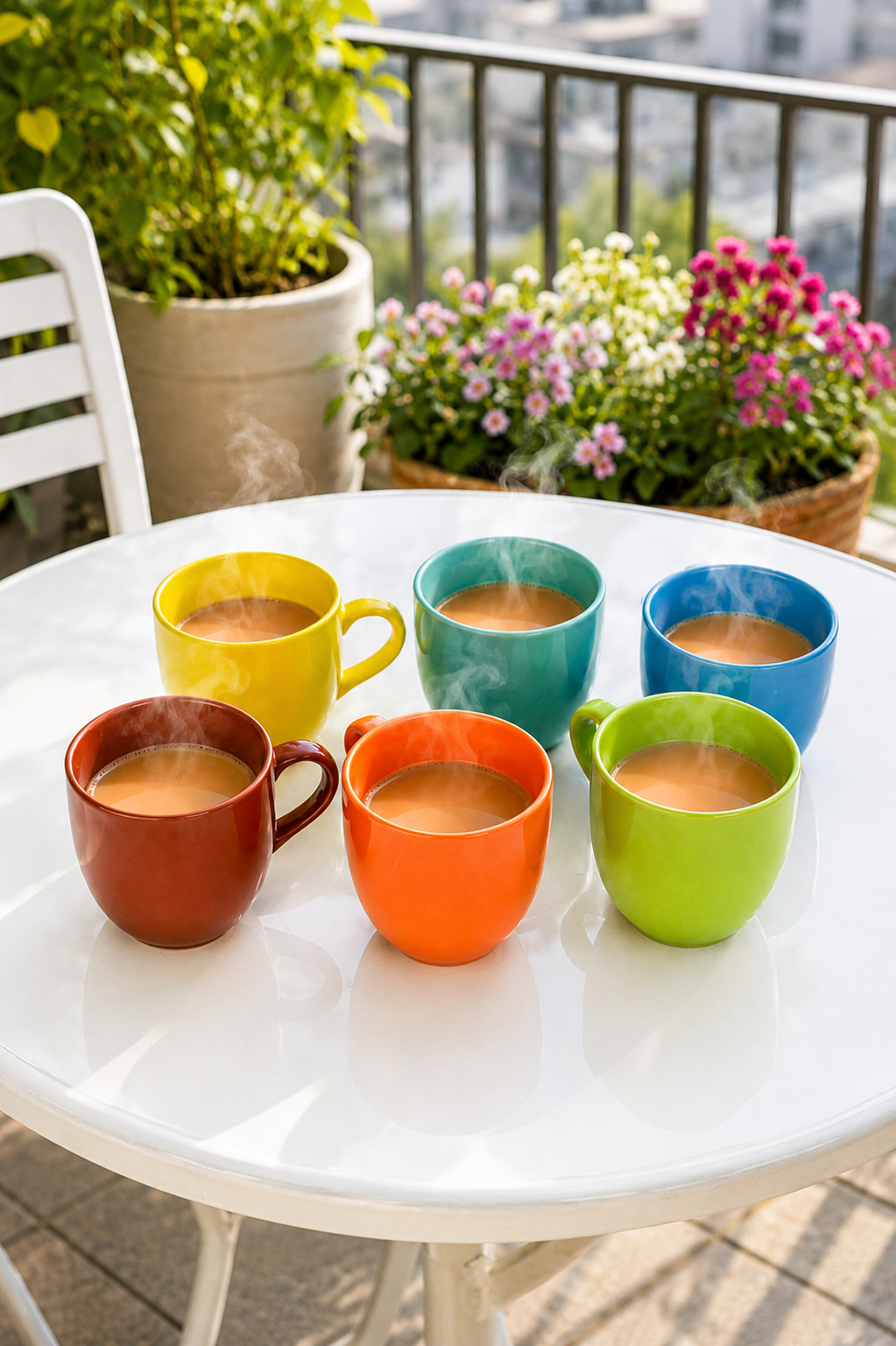 6 Colorful Ceramic Coffee Mug Set with Metal Mug Tree Stand | Space Saving Cup Holder Rack | Tea & Coffee Cups with Durable Metal Stand | Modern Kitchen Counter Organizer | Gift Set for Home & Office