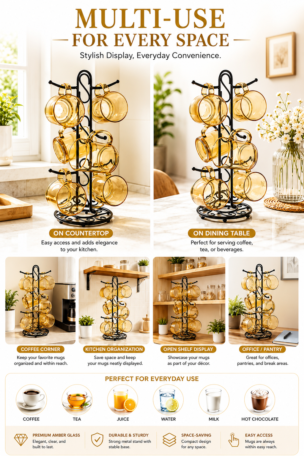 Premium Amber Glass Cup Set with Metal Stand | 6 Pcs Transparent Tea & Coffee Cups (300 ml) | Elegant Glassware with Space-Saving Holder | Durable Designer Drinkware for Home, Kitchen & Gifting