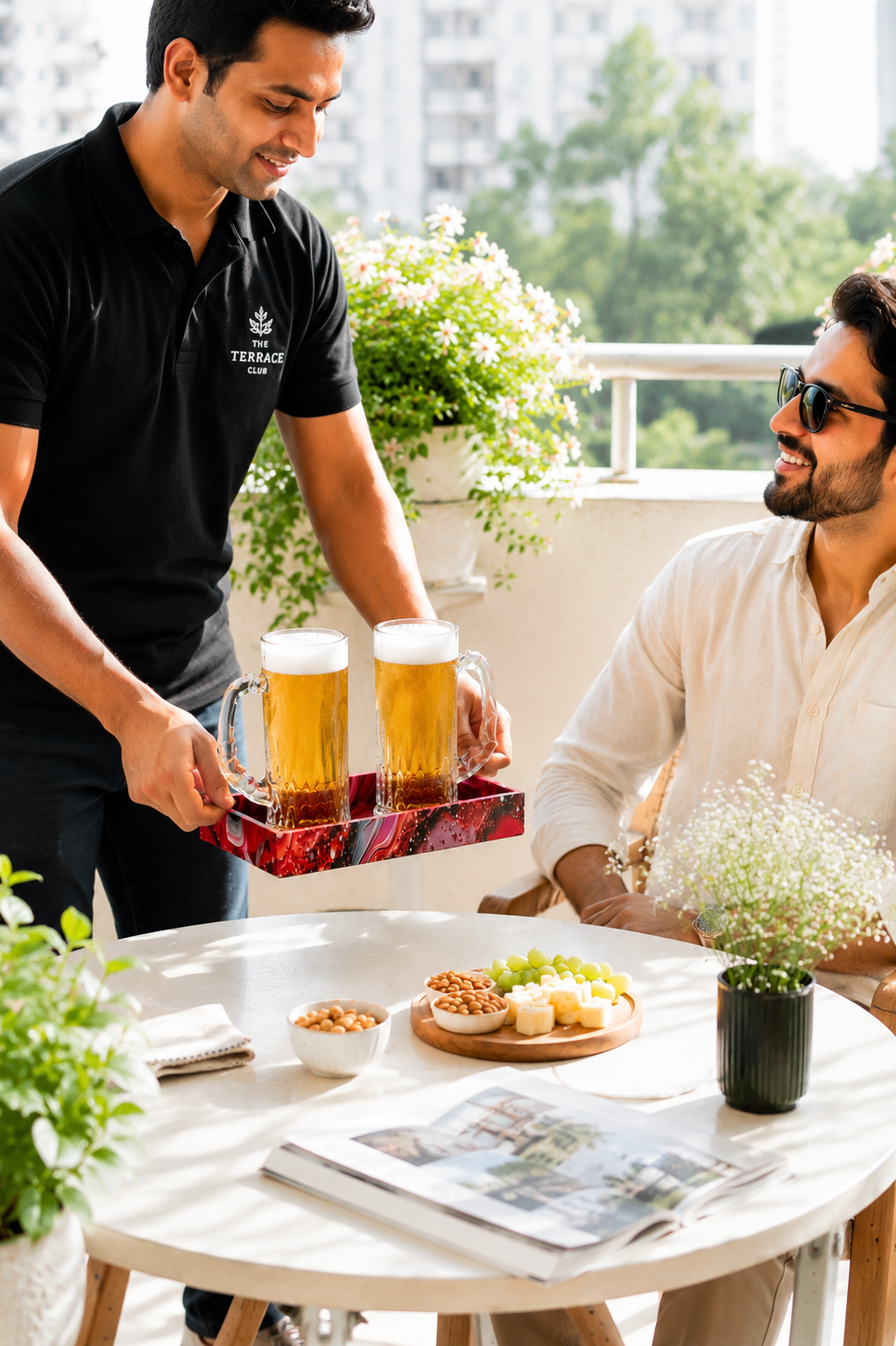Premium Beer Mug Glass Set with Decorative MDF Serving Tray | 2 Crystal Clear Heavy Beer Mugs with Resin Art Tray | Large Glass Beer Mugs for Beer, Juice, Coffee & Home Bar Gift Set