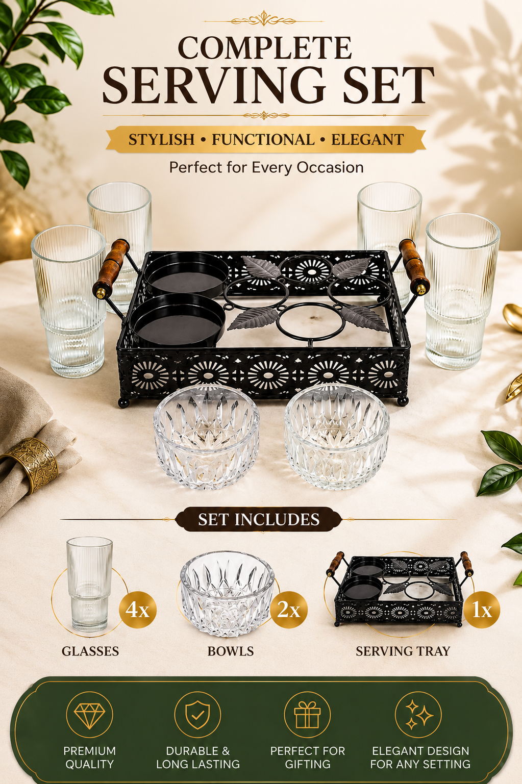 Premium Metal Serving Tray Set with 4 Glasses & 2 Crystal Bowls | Decorative Beverage & Snack Serving Set with Wooden Handles | Tea, Coffee, Juice, Dry Fruit & Party Serving Tray for Home