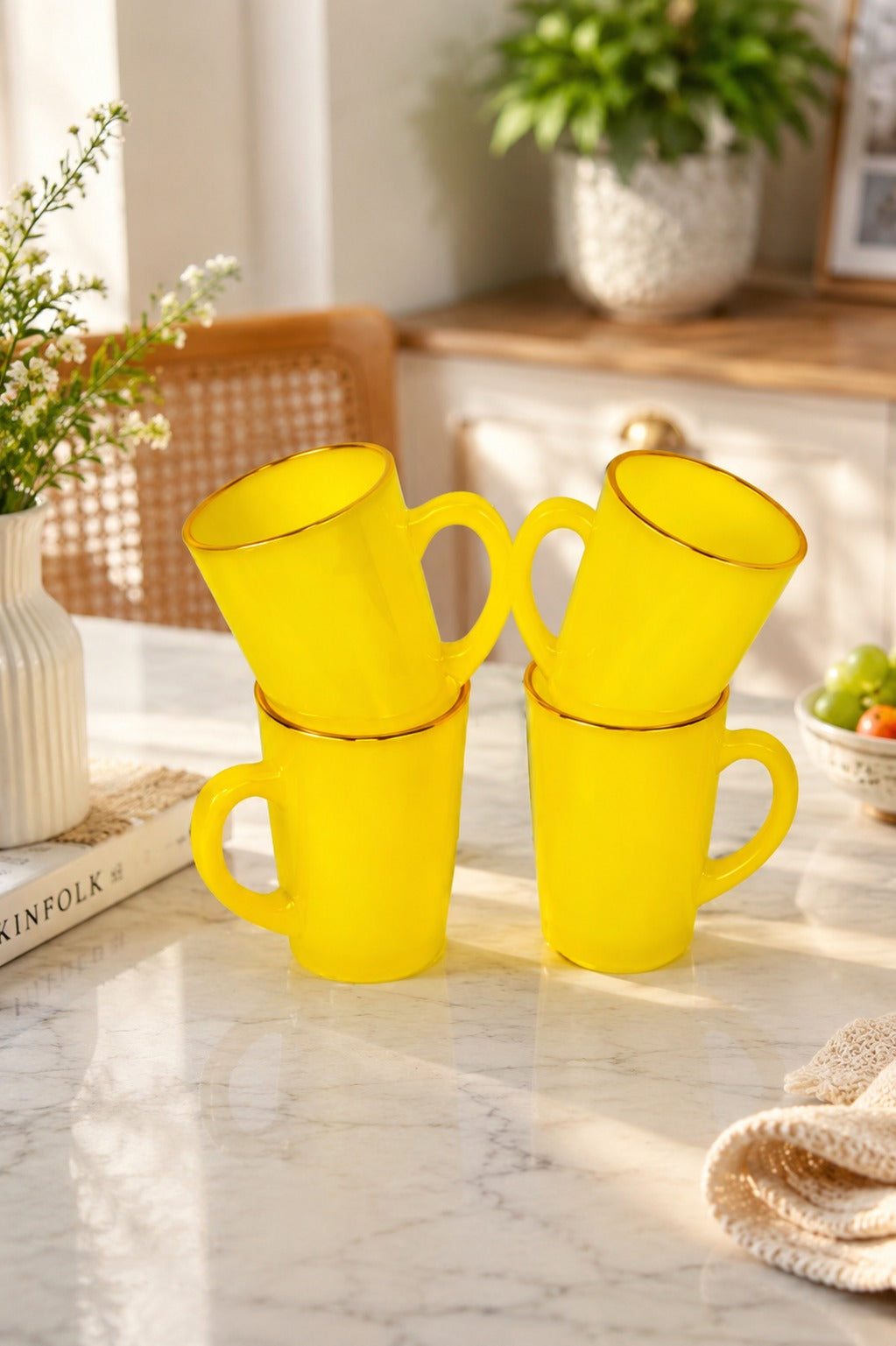 Set of 4 Yellow Glass Coffee Mugs with Designer Serving Tray | Premium Tea Coffee Cup Set | Decorative Serving Set for Home Kitchen & Gifting