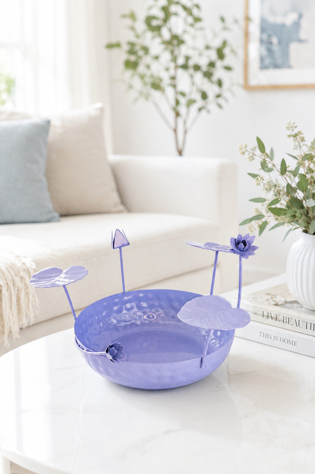 Galvanized Metal Urli Bowl for Floating Flowers & Candles | Decorative Urli with Lotus Stems for Home & Festival Decor (Lavender)