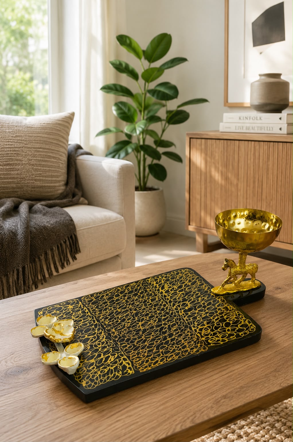 Premium MDF Serving Platter with Golden Horse Dip Bowl | Decorative Snack Serving Board | Burger, Fries, Pizza & Appetizer Serving Tray | Luxury Food Serving Platter | Black & Gold