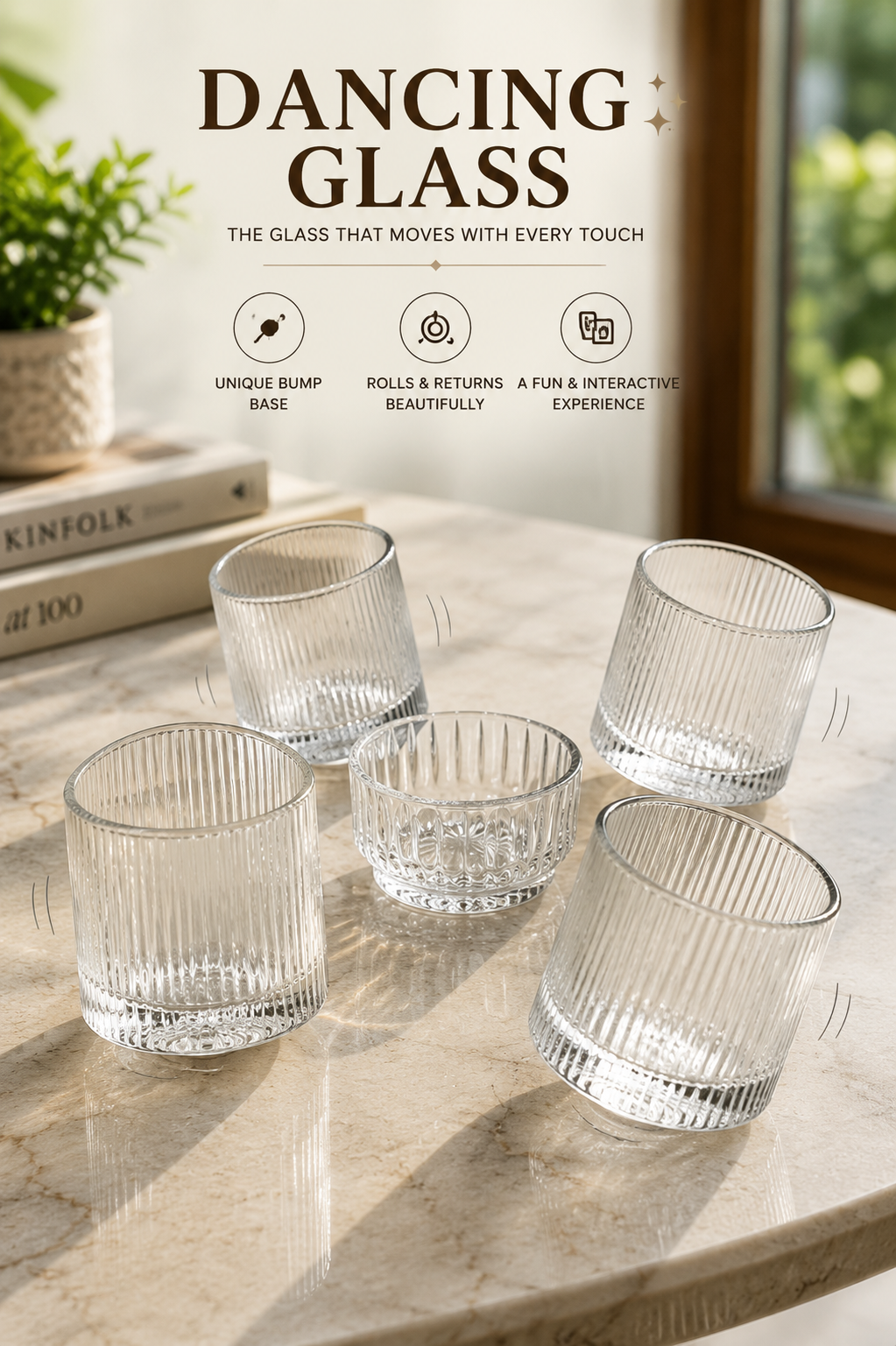 Premium Dancing Glass Serving Set with Round Metal Tray | 4 Self-Balancing Rocking Glasses & 1 Crystal Snack Bowl | Decorative Beverage Serving Set for Tea, Juice, Whisky, Cocktails & Home Décor