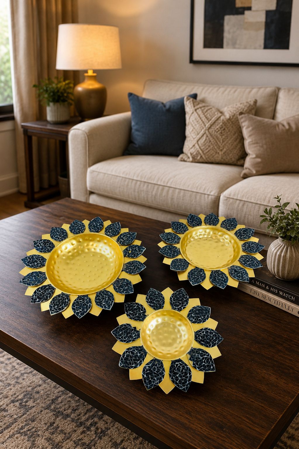 Premium Set of 3 Decorative Metal Urli Bowls with Mosaic Glass Petals | Floating Flower Bowl for Candles, Water Décor & Rangoli | Decorative Urli for Diwali, Pooja, Wedding, Festivals & Home Decoration