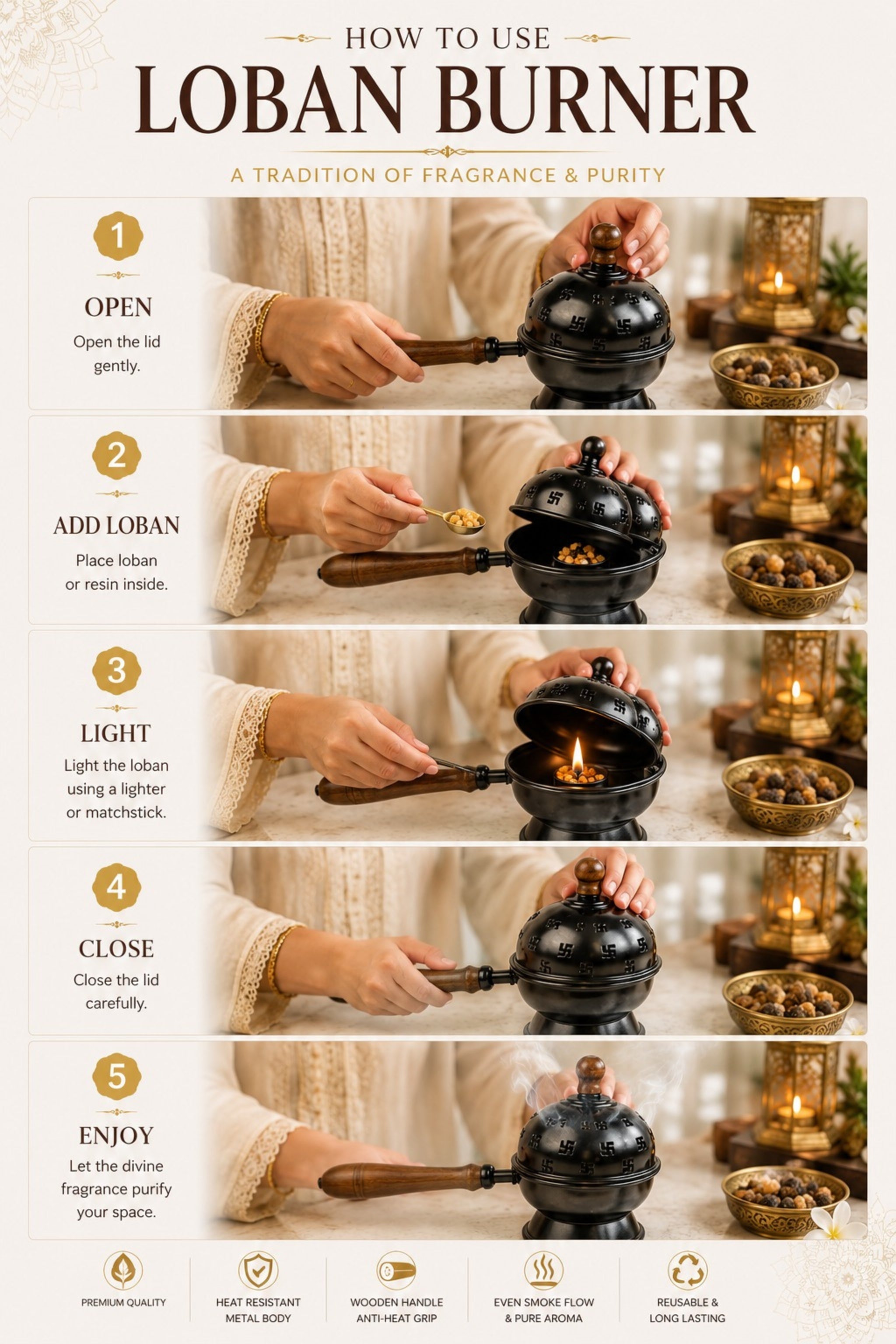 Premium Metal Loban Burner with Wooden Handle & 3 Free Loban Cups | Heat Resistant Incense Burner for Loban, Dhoop, Sambrani Cups, Bakhoor & Camphor | Home Temple, Meditation & Pooja Decor