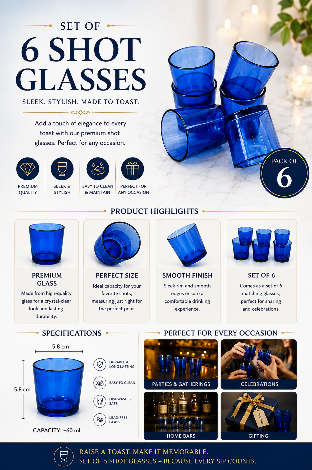 Shot Glasses Set of 6 with Holder | 40 ML Mini Whisky Vodka Shot Glasses with Metal Stand & Wooden Handle | Dhaba Style Serving Set for Home, Bar & Parties