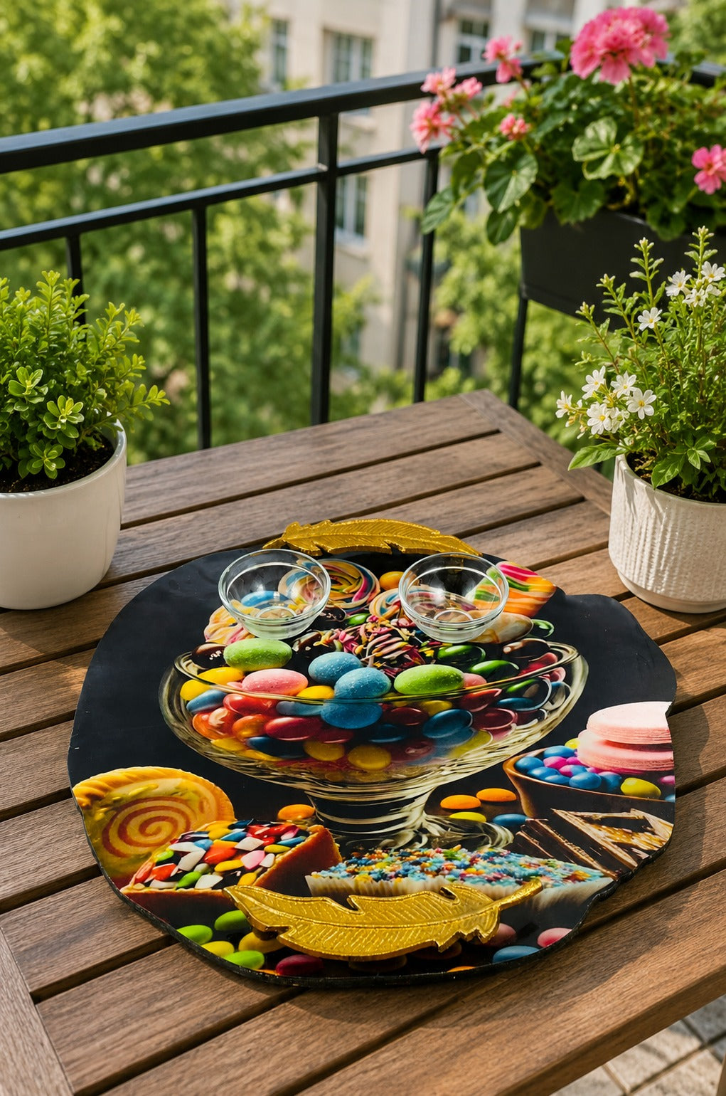 Premium MDF Snack Serving Platter with 2 Glass Dip Bowls | Decorative Serving Tray with Gold Feather Handles | Multipurpose Food Serving Board for Samosa, Momos, Fries, Nachos, Pizza & Snacks
