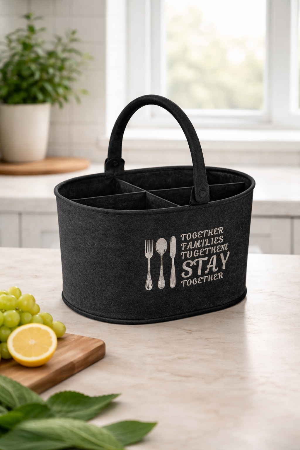 Premium Metal Cutlery Holder with Handle | 4 Compartment Utensil Caddy Basket Organizer | Portable Spoon, Fork, Knife & Napkin Stand for Kitchen, Dining Table & Home Storage